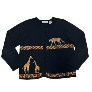 Marisa Christina Safari Knit Cardigan Black Size Med Giraffe Cheetah Vintage